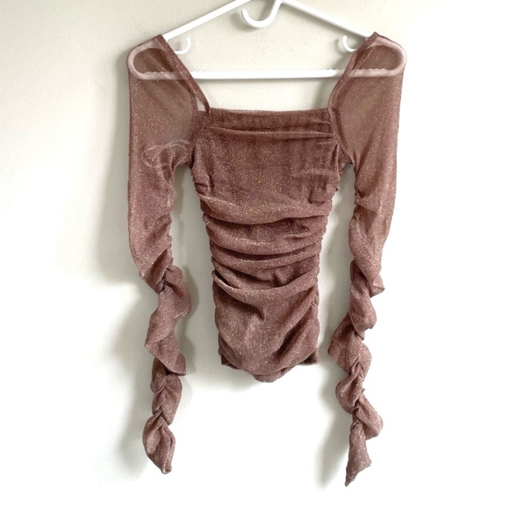 NUDE SILVER METALLIC LAME LONG RUCHED SLEEVE TOP LINED SHEER CROP STRETCH